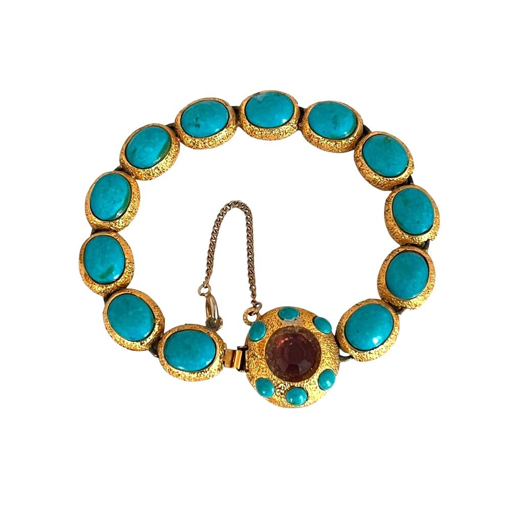 Vintage 1960s Bracelet Turquoise Glass Purple Stone Gold Tone - 5E